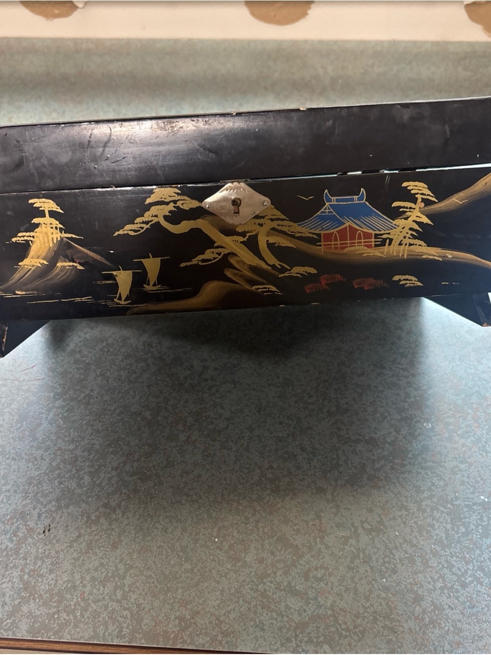 Black Lacquered Japanese Scenic Jewelry Box with Gold & Red Detail - Picture 13 of 16